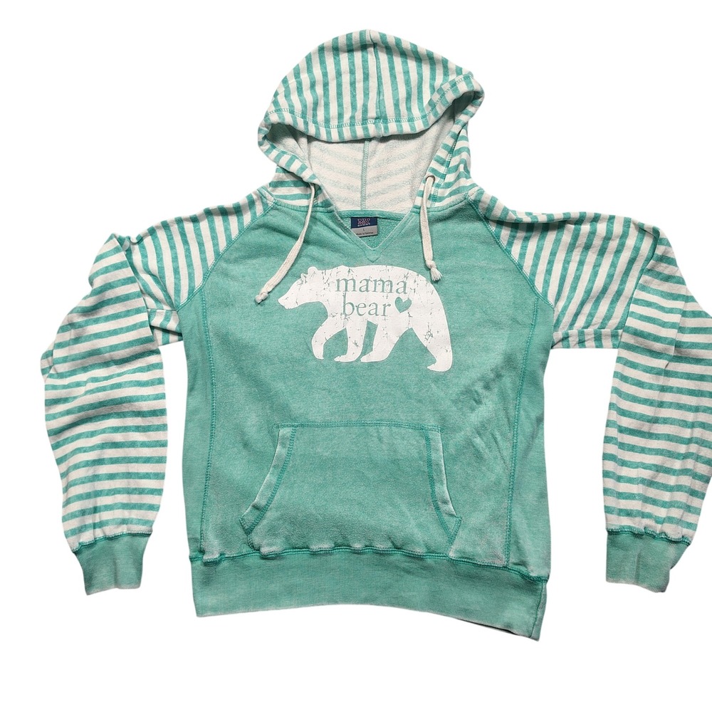 MV Sport Hoodie Womens L Mama Bear Graphic Striped Raglan Mint Green Pullover